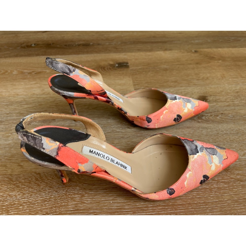 Manolo Blahnik Carolyne Floral Slingback Kitten Heel Pumps Orange Grey 36.5